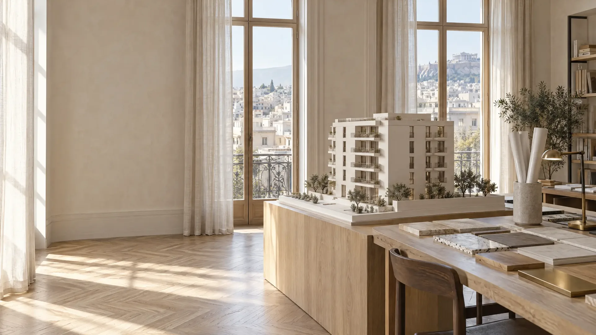 A development studio in a restored Athens building, a white model of a residential building on an oak plinth, the city and the Acropolis through tall windows