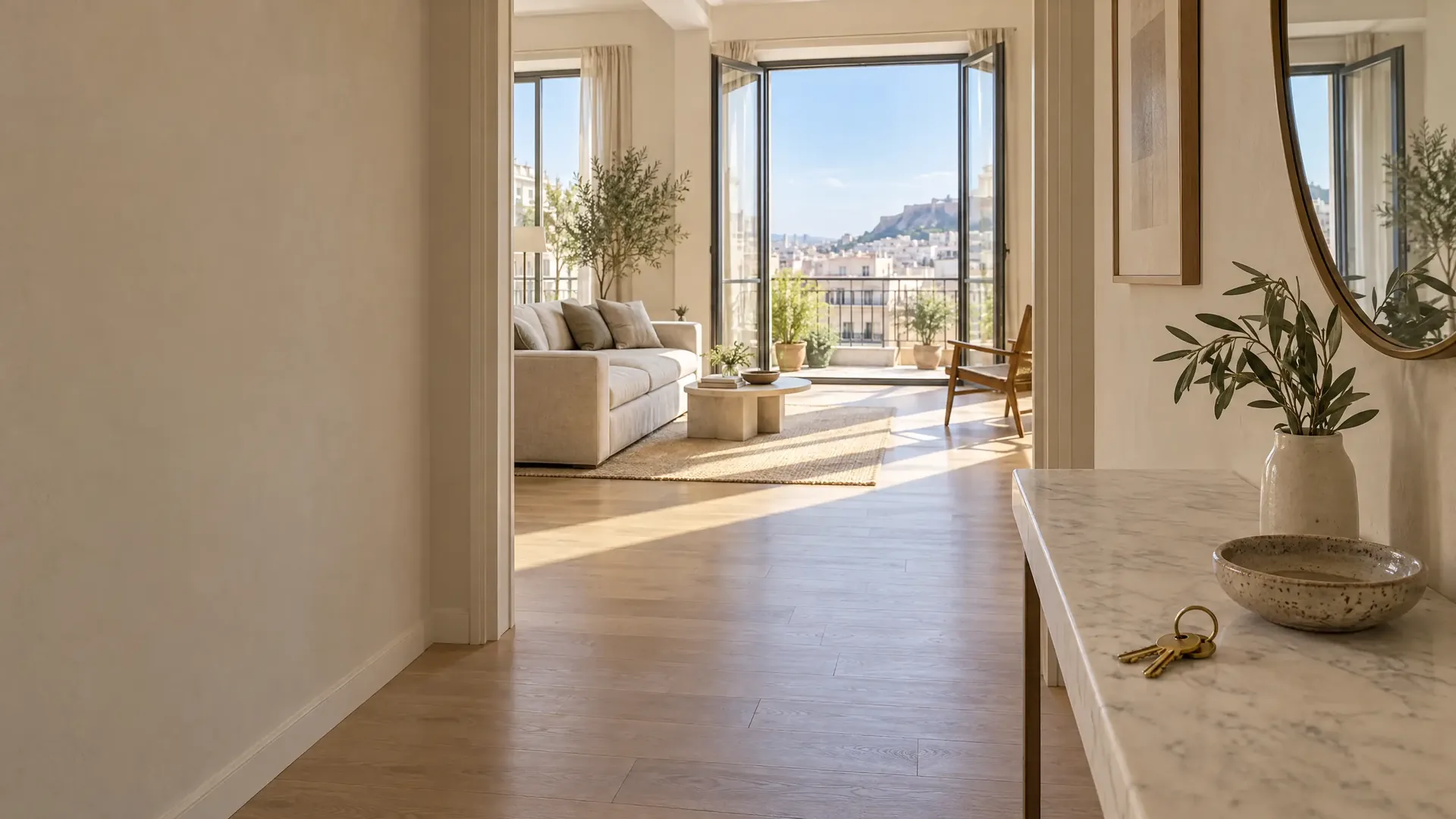 The entrance hall of a bright Athens apartment, new keys on a marble console, the living room and the city beyond