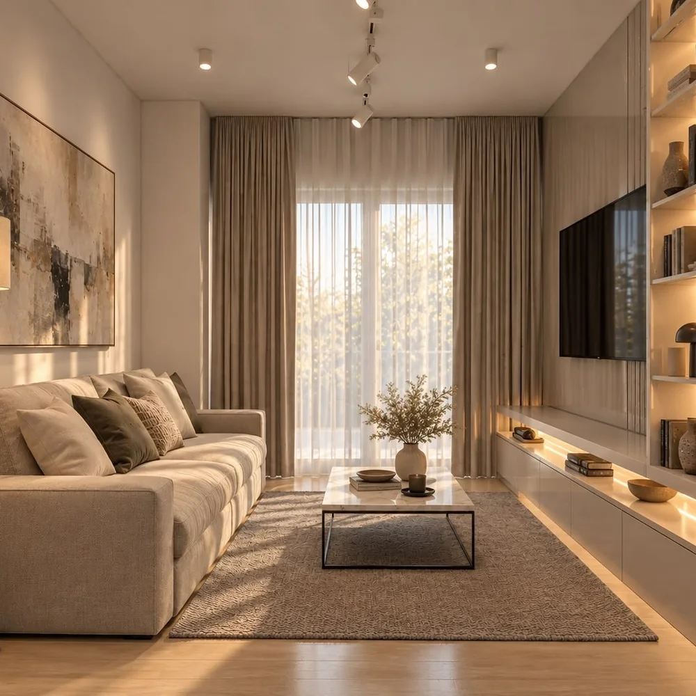 The living room of an Ardittos residence, light wood and soft light