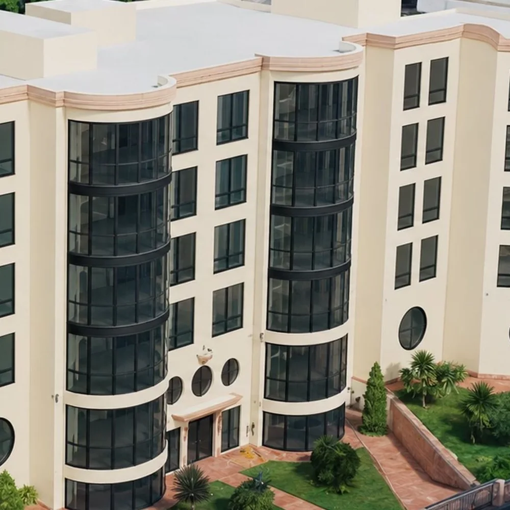 The curved glass facade of Douerta Residences in Kaminia