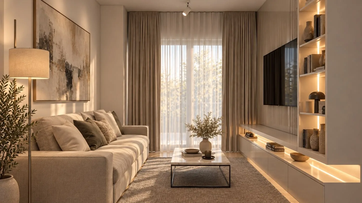 The living room of an Ardittos residence, light wood floors and soft light