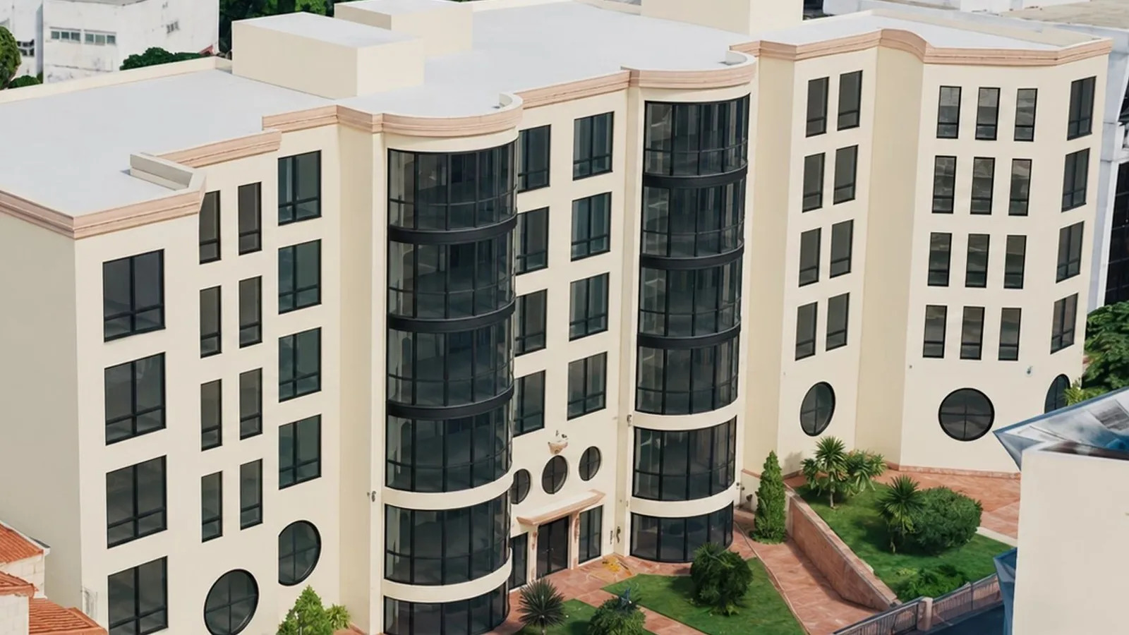 The curved glass facade of Douerta Residences in Kaminia, Piraeus