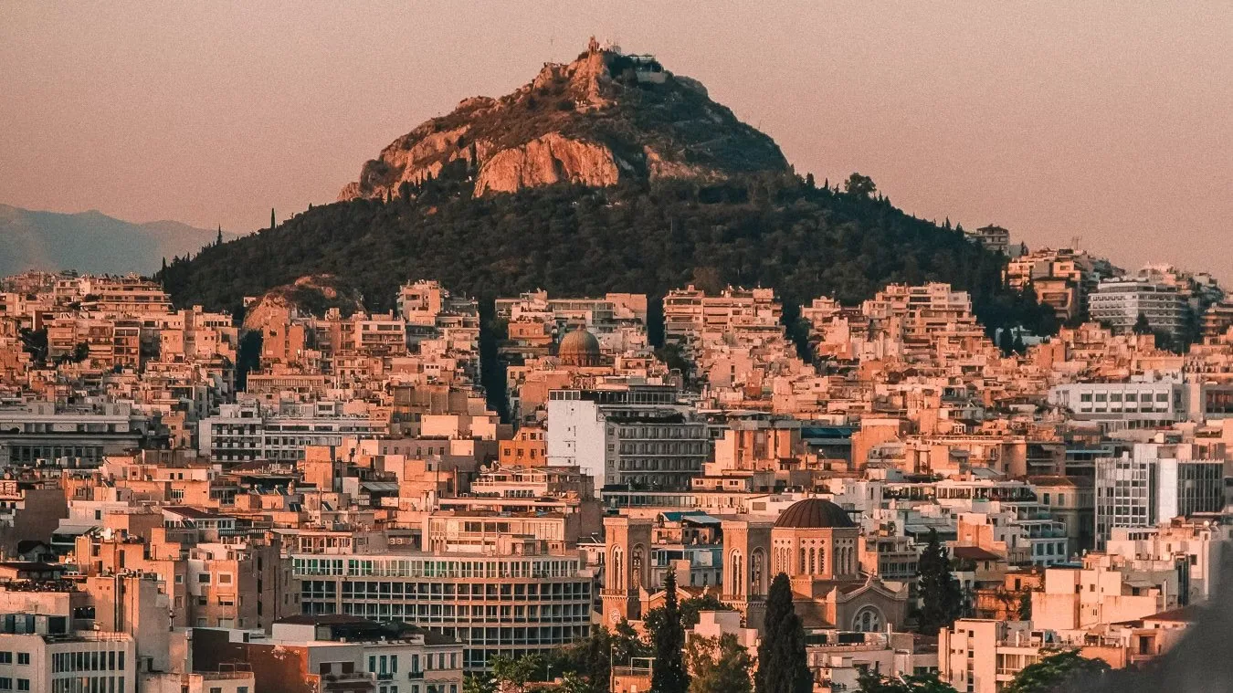 The rooftops of central Athens below Lycabettus hill