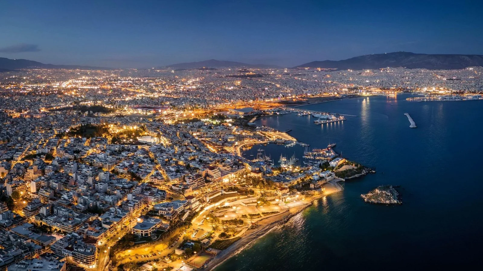 Piraeus and its harbour at night, from the air