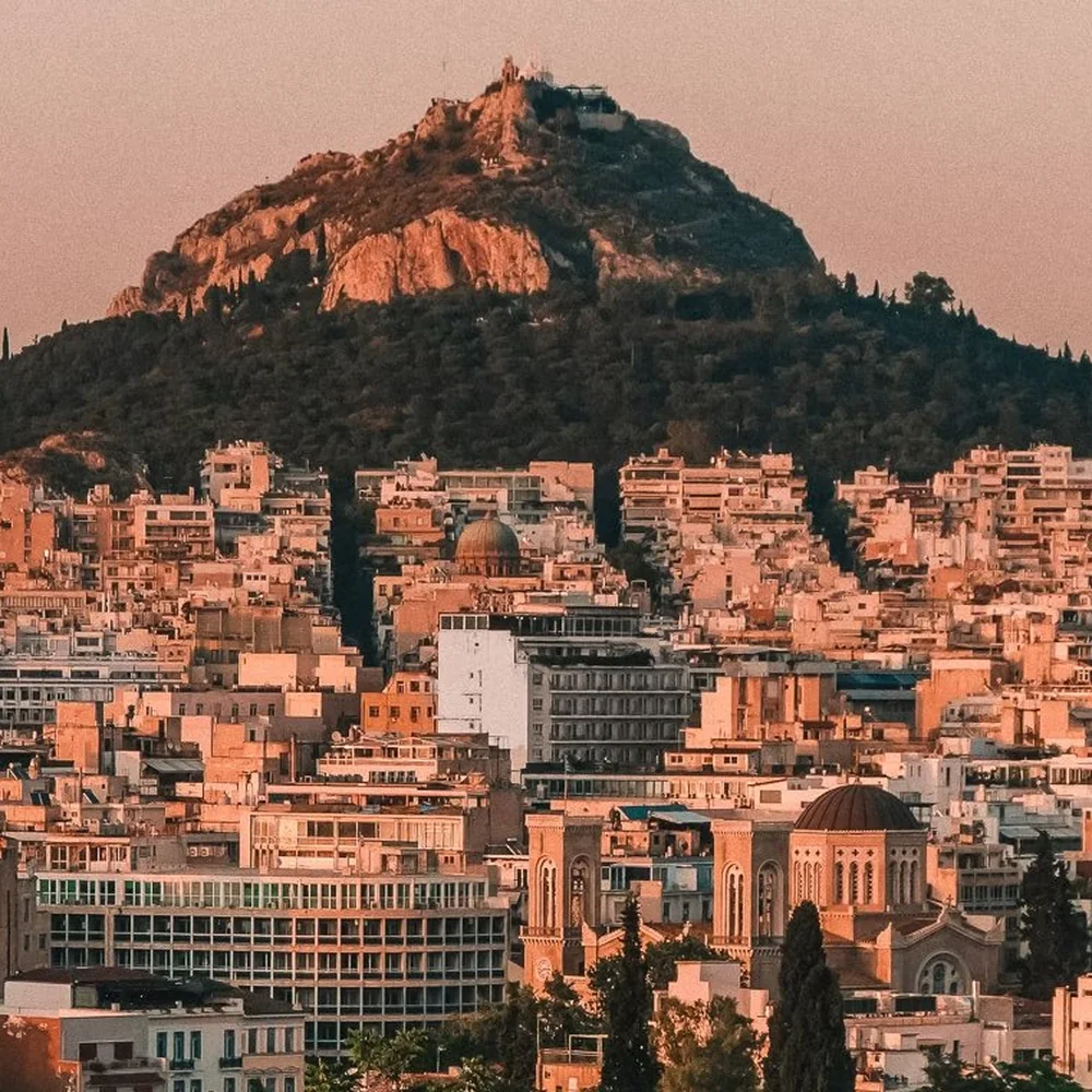 The rooftops of central Athens below Lycabettus hill