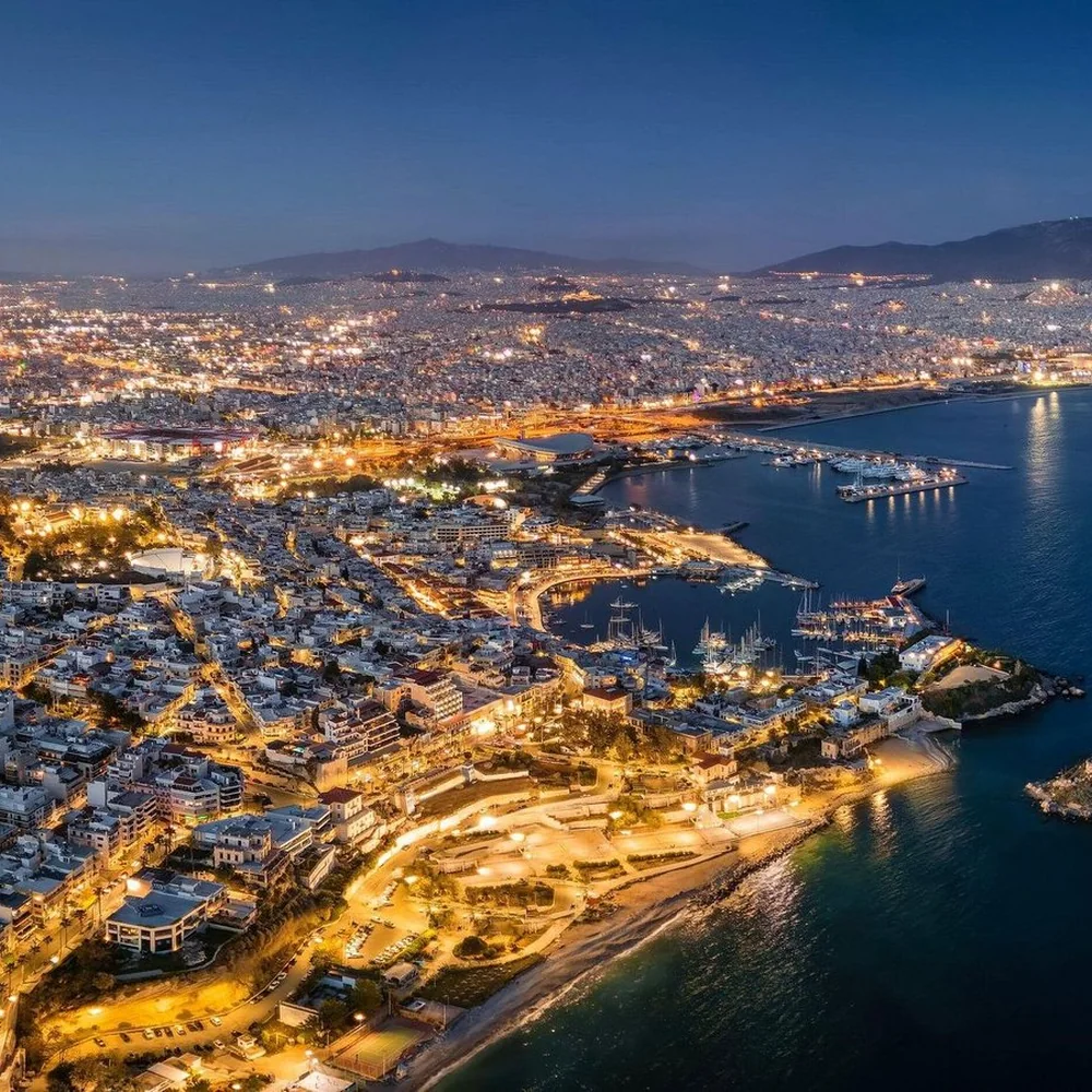 Piraeus and its harbour at night, from the air