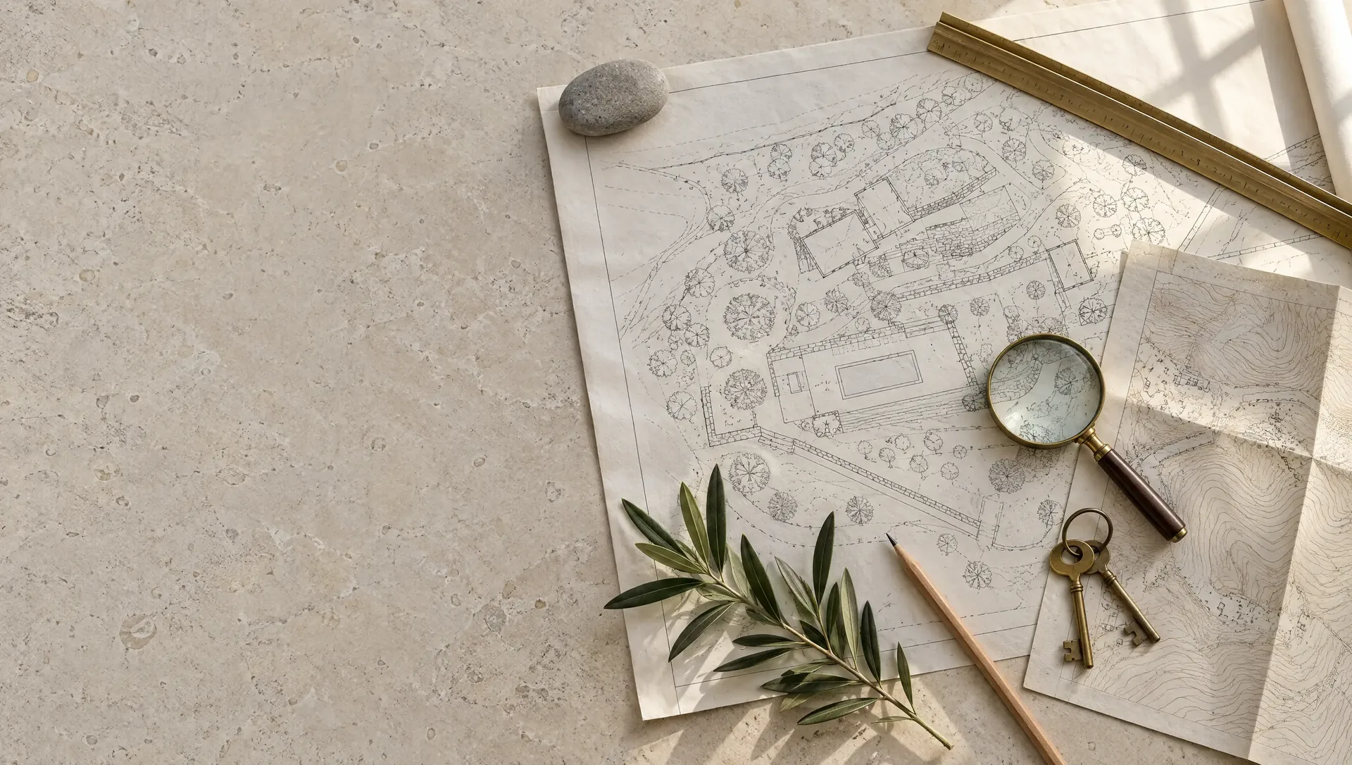 A site plan, a loupe and keys on a stone table: the start of one property’s journey from the search to the finished home